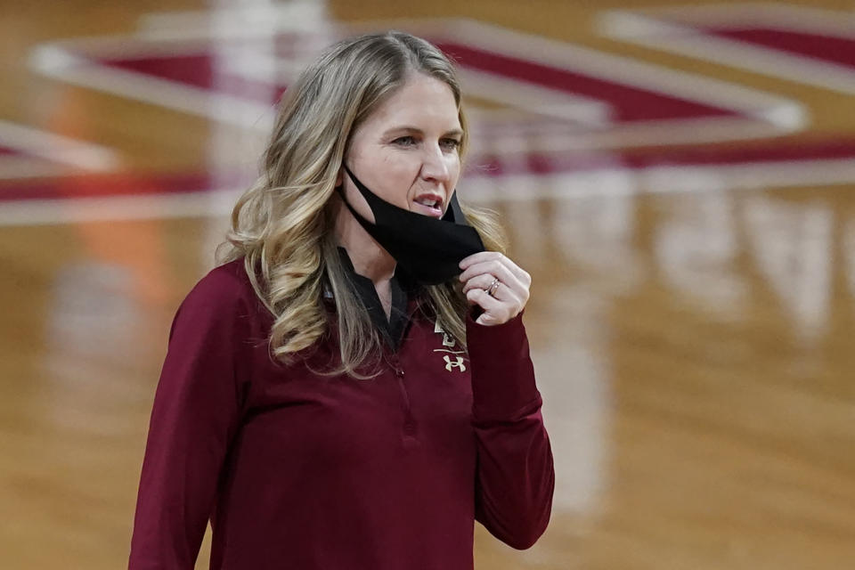 Boston College head coach Joanna Bernabei-McNamee reacts on the sideline in the second half of an NCAA college basketball game against Louisville, Thursday, Feb. 4, 2021, in Boston. (AP Photo/Elise Amendola)