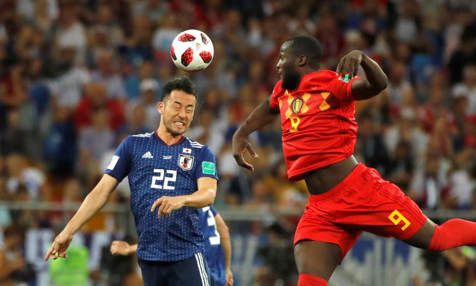 <p>Romelu Lukaku (9) of Belgium in action against Maya Yoshida (22) of Japan the 2018 FIFA World Cup Russia Round of 16 match between Belgium and Japan at the Rostov Arena Stadium in Rostov On Don, Russia on July 02, 2018. (Photo by Sebnem Coskun/Anadolu Agency/Getty Images) </p>