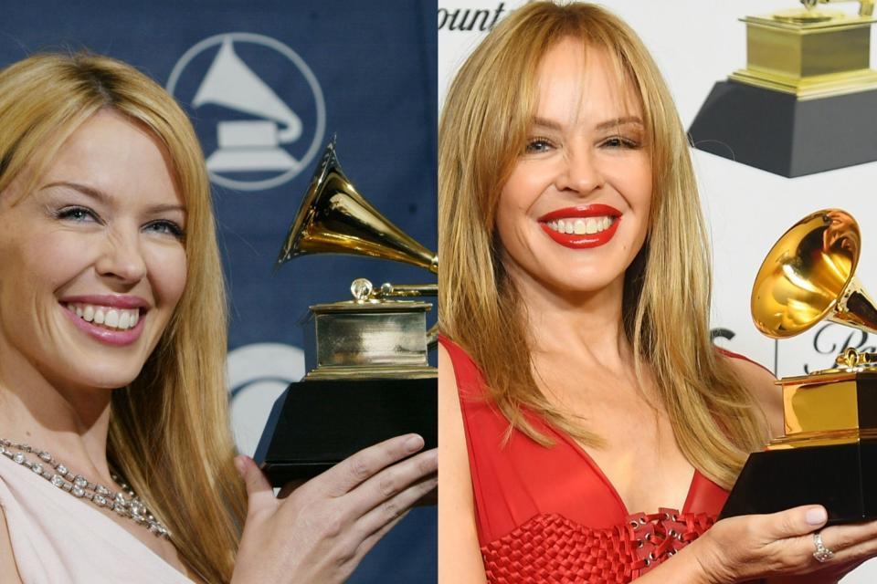 Kylie Minogue and her Grammys in 2004 and 2024 (Getty)