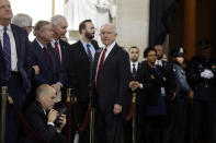 <p>Attorney General Jeff Sessions, center, talks to Sen. Lindsay Graham, R-S.C., and others, as they wait for the ceremony to begin honoring Reverend Billy Graham in the Rotunda of the U.S. Capitol building, Wednesday, Feb. 28, in Washington. (Photo: Evan Vucci/AP) </p>