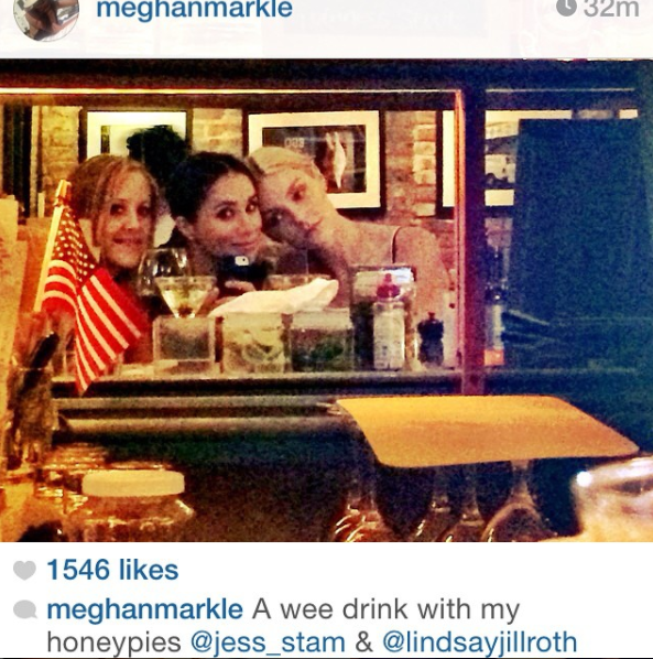 Meghan's still a fan of drinks with the girls, sharing this snap of her with bestie Lindsay Roth and model Jessica Stam. Photo: Instagram/lindsayjillroth