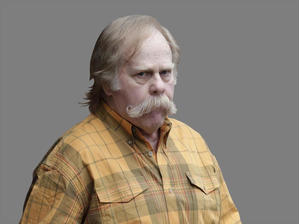 Harvey Updyke headshot, is released after serving prison sentence for unlawful damage of an animal or crop facility for poisoning Toomer's Corner oak trees at Auburn University, Opelika, Alabama, graphic element on gray