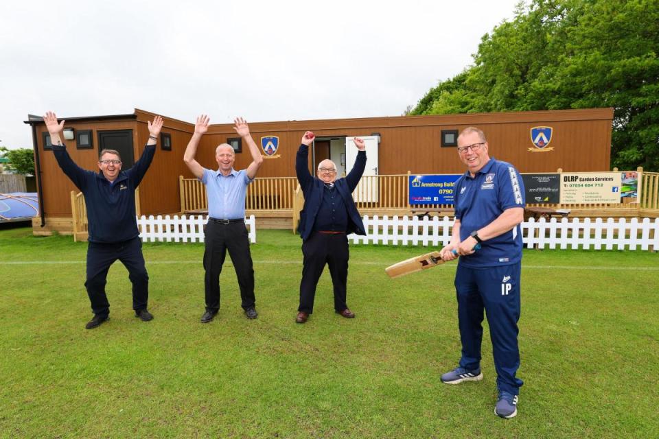 Councillors Nev Jones and Jim Atkinson, Newton Aycliffe Cricket Club chairman Ian Palmer and GAMP Co-ordinator Brian Riley outside the new changing facilities <i>(Image: CHRIS BOOTH)</i>