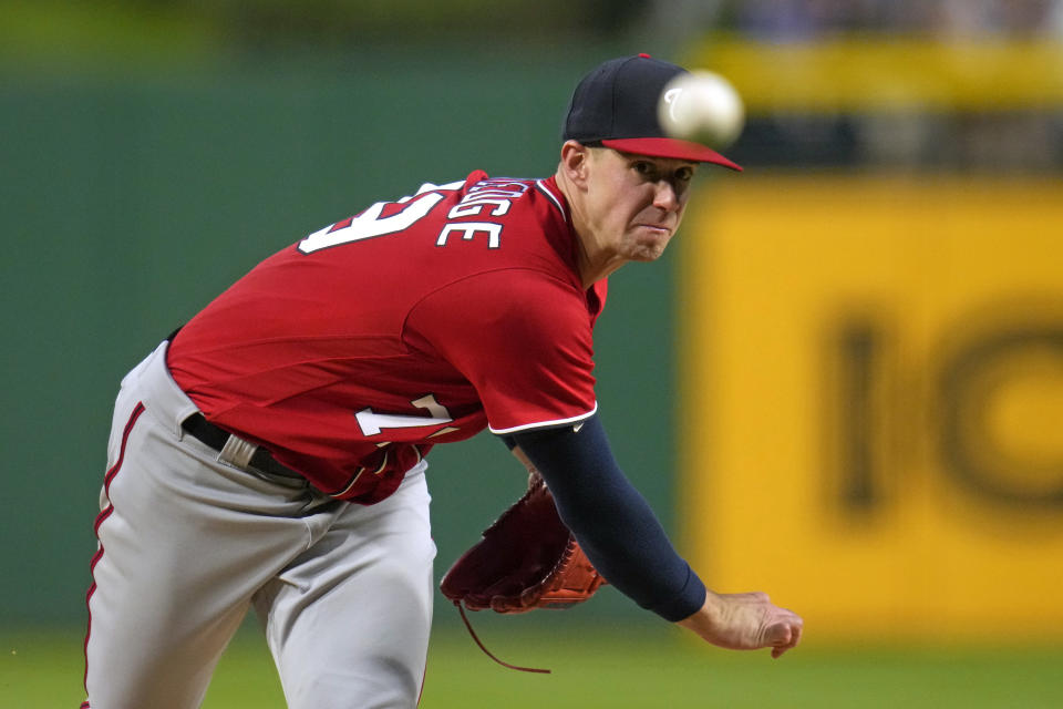 Washington Nationals starting pitcher Jackson Rutledge delivers to a Pittsburgh Pirates batter during the first inning of a baseball game in Pittsburgh, Wednesday, Sept. 13, 2023. (AP Photo/Gene J. Puskar)