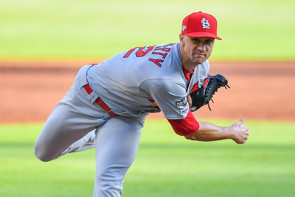 ATLANTA, GA  OCTOBER 09:  St. Louis Cardinals starting pitcher Jack Flaherty (22) throws a pitch during the National League Division Series game 5 between the St. Louis Cardinals and the Atlanta Braves on October 9th, 2019 at SunTrust Park in Atlanta, GA. (Photo by Rich von Biberstein/Icon Sportswire via Getty Images)