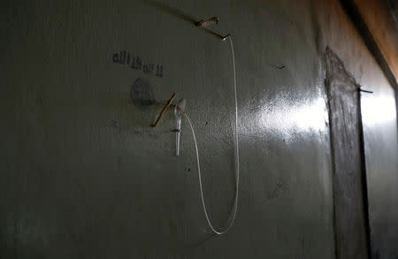 An IV hose is pictured at a makeshift hospital of Islamic State militants under the stadium in Raqqa, Syria October 18, 2017. REUTERS/Erik De Castro