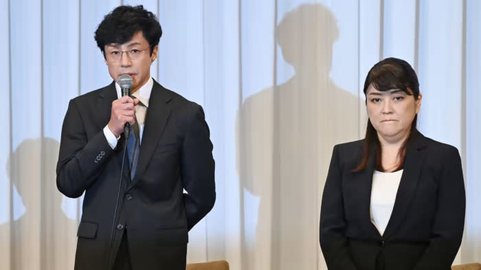 Noriyuki Higashiyama (left) takes over the company after resignation of past president, Julie Keiko Fujishima (right), who is Johnny's niece