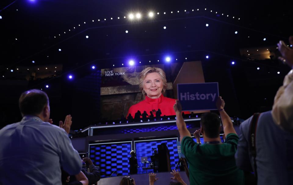 Hillary Clinton appears on a video monitor streamed live from New York at the Democratic National Convention on Tuesday. (Photo: Mark Kauzlarich/Reuters)