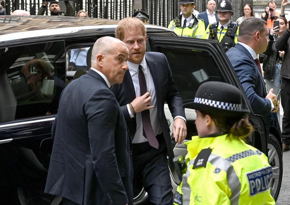 Prince Harry, Duke of Sussex, arrives to give evidence at the Mirror Group Phone hacking trial at the Rolls Building at the High Court on Tuesday, June 6, 2023.
