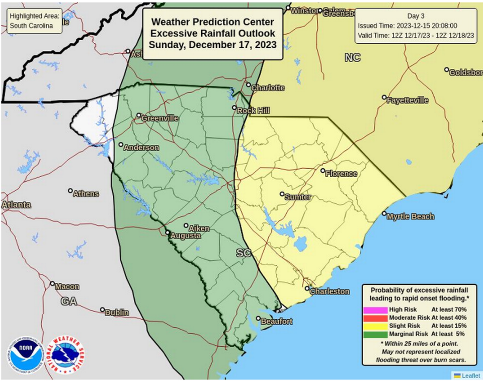 The National Weather Service has announced a hazardous weather forecast due to heavy rains and high winds for the Midlands of South Carolina and parts of eastern Georgia for the weekend of Dec. 16 and 17.