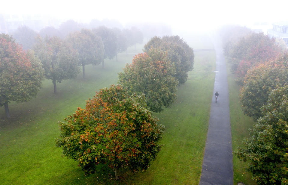 A man drives his scooter through a park in Frankfurt, Germany, on a foggy Thursday, Oct. 19, 2023. (AP Photo/Michael Probst)