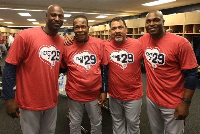 LaTroy Hawkins, Rod Carew, Eddie Guardado and Torii Hunter sport their 