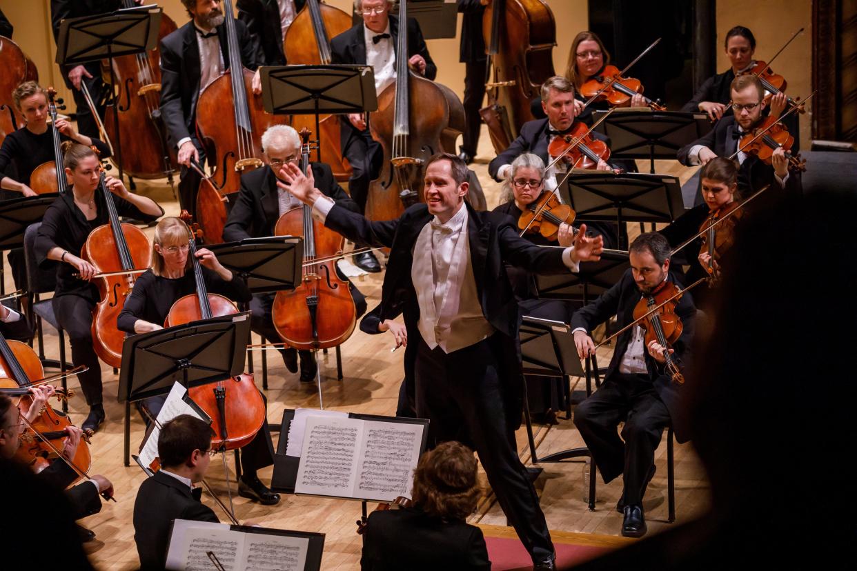 In this file photo, Maestro Alastair Willis conducts the South Bend Symphony Orchestra on March 2, 2019, at the Morris Performing Arts Center. Willis and the SBSO will give the world premiere performance of Anna Clyne's "Quarter Days" with guest soloists the Euclid Quartet on Oct. 22, 2023, at the University of Notre Dame's DeBartolo Performing Arts Center.