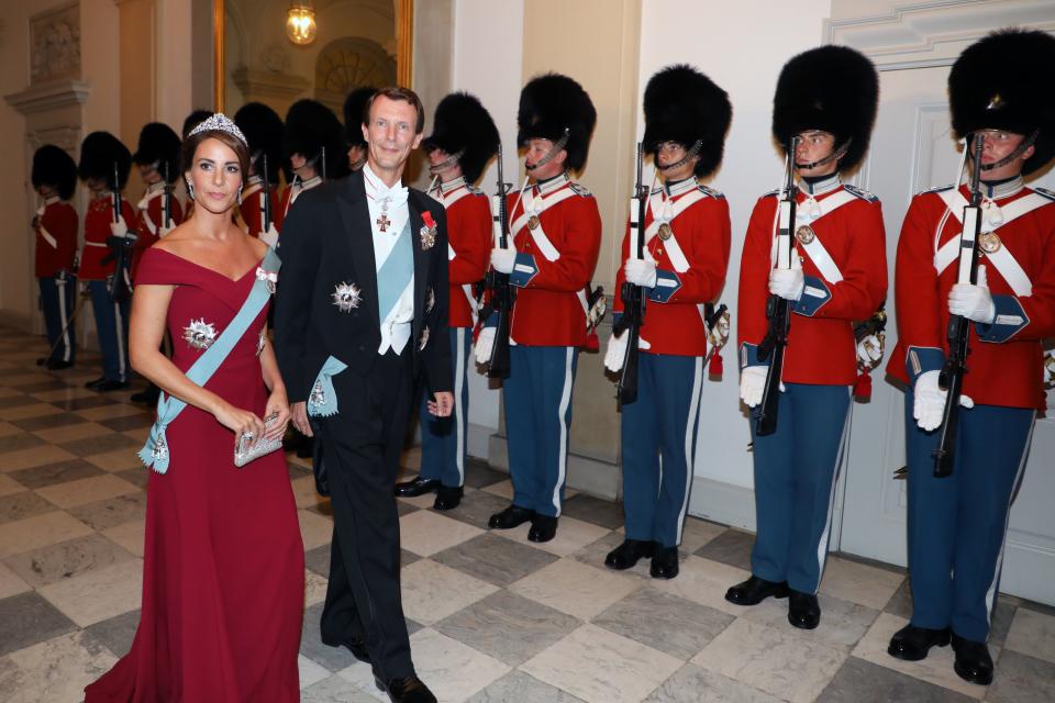 Princess Marie of Denmark and Prince Joachim of Denmark arrive for the state dinner at Christiansborg Palace in Copenhagen on August 28, 2018. (Photo by ludovic MARIN / AFP)        (Photo credit should read LUDOVIC MARIN/AFP via Getty Images)