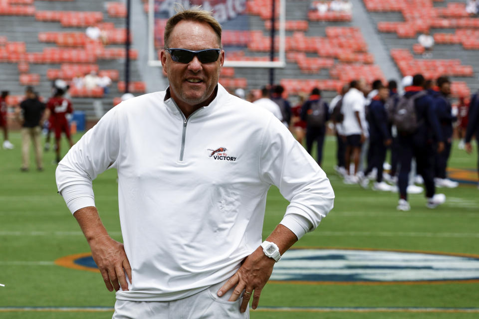 Auburn head coach Hugh Freeze looks around the field before the first half of an NCAA college football game against Massachusetts, Saturday, Sept. 2, 2023, in Auburn, Ala. (AP Photo/Butch Dill)