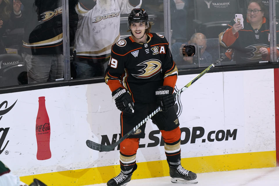 Anaheim Ducks right wing Troy Terry reacts after scoring against the Arizona Coyotes in overtime of an NHL hockey game Wednesday, Nov. 1, 2023, in Anaheim, Calif. (AP Photo/Ryan Sun)