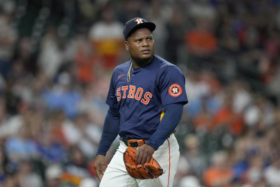 Houston Astros starting pitcher Framber Valdez walks off the mound after completing the top of the fifth inning of the team's baseball game against the Toronto Blue Jays, Tuesday, April 2, 2024, in Houston. (AP Photo/Eric Christian Smith)