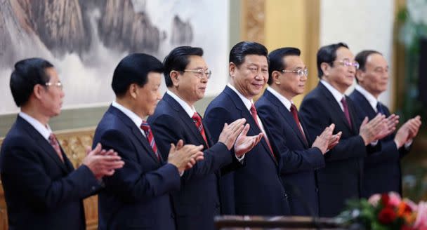 PHOTO: Xi Jinping, center, at the Great Hall of the People, Nov. 15, 2012 in Beijing, China, as the Communist Party revealed the new Politburo Standing Committee after its 18th congress. (Feng Li/Getty Images, FILE)