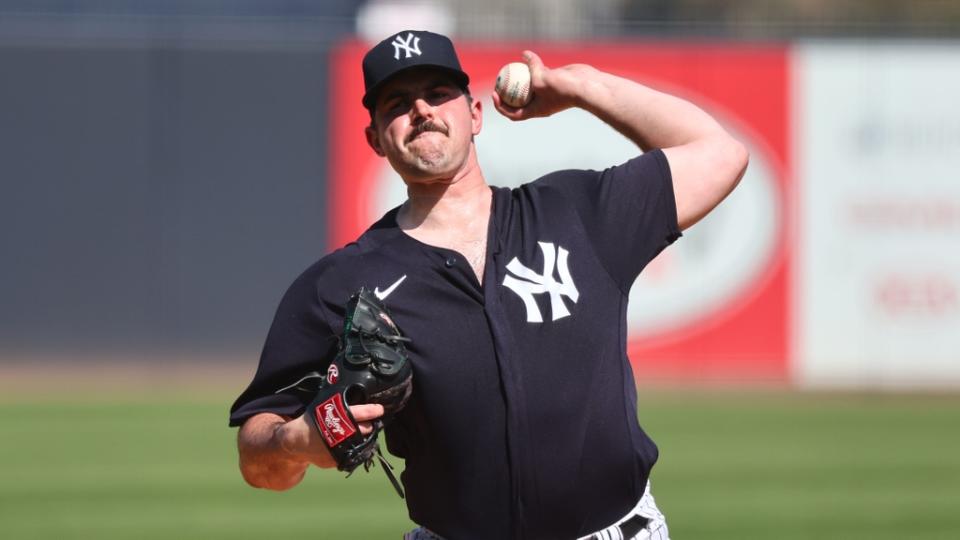 Feb 17, 2023; Tampa, FL, USA; New York Yankees starting pitcher Carlos Rodon (55) throws a live bullpen session as he works out at George M. Steinbrenner Field. Mandatory Credit: Kim Klement-USA TODAY Sports