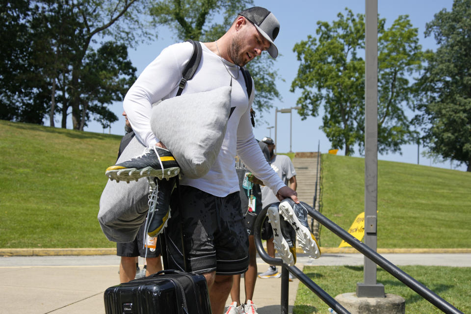 Pittsburgh Steelers linebacker T.J. Watt arrives for the NFL football team's training camp in Latrobe, Pa., Wednesday, July 26, 2023. (AP Photo/Gene J. Puskar)