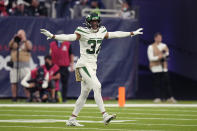 New York Jets cornerback Bryce Hall (37) reacts after an incomplete pass in the second half of an NFL football game against the Houston Texans in Houston, Sunday, Nov. 28, 2021. The Jets won 21-14. (AP Photo/Eric Smith)