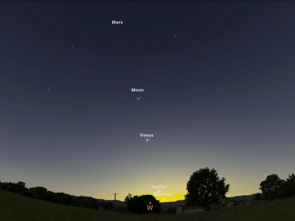 night sky with four planets and moon labeled