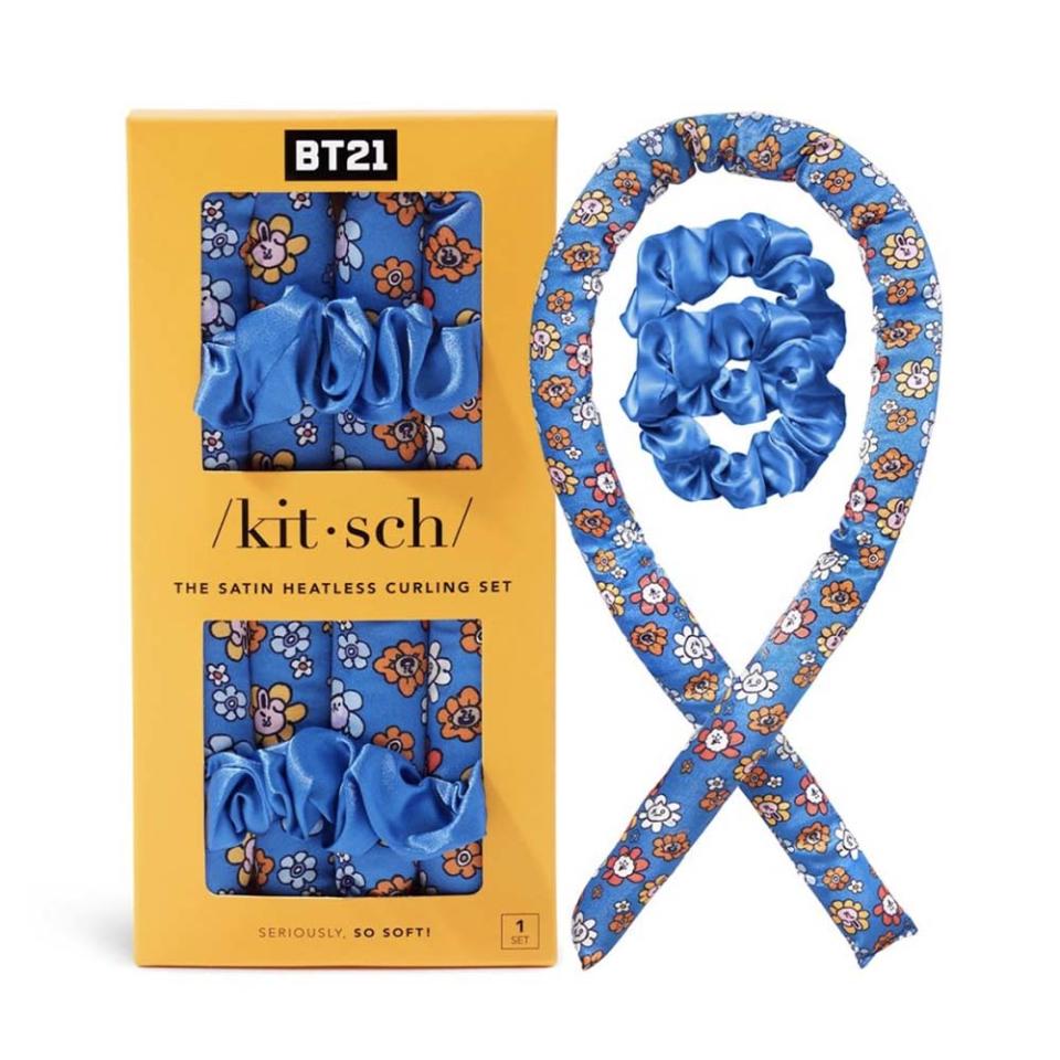 blue and orange floral satin heatless hair curling set