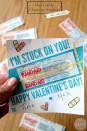 <p>Let your loved ones know that they are stuck to you forever this <a href="https://www.womansday.com/food-recipes/food-drinks/g2155/valentines-day-recipes/" rel="nofollow noopener" target="_blank" data-ylk="slk:Valentine's Day;elm:context_link;itc:0;sec:content-canvas" class="link ">Valentine's Day</a> with a Band-Aid-themed card. Besides, you can never have too many Band-Aids.</p><p><em><strong>Get the tutorial at </strong><strong><a href="http://www.creatingreallyawesomefreethings.com/classroom-valentines-4/" rel="nofollow noopener" target="_blank" data-ylk="slk:C.R.A.F.T.;elm:context_link;itc:0;sec:content-canvas" class="link ">C.R.A.F.T.</a></strong></em></p><p><strong><em>What You'll Need:</em> </strong><a href="https://www.amazon.com/Band-Aid-JOJ5635-Plastic-Bandages/dp/B0076NG738/" rel="nofollow noopener" target="_blank" data-ylk="slk:Band-Aids;elm:context_link;itc:0;sec:content-canvas" class="link ">Band-Aids</a> ($5, Amazon)</p>