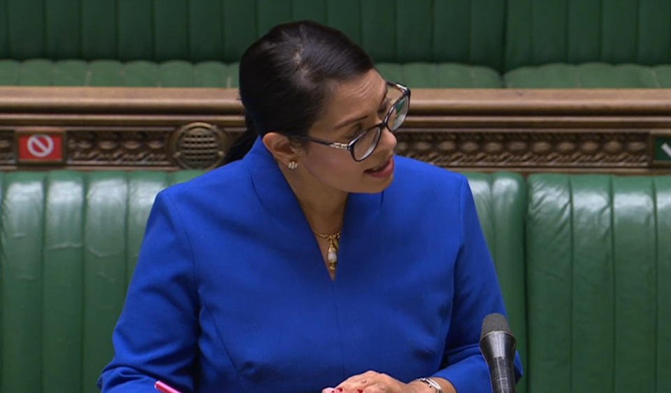 Home Secretary Priti Patel giving a statement in the House of Commons, London on health measures at UK borders. (Photo by House of Commons/PA Images via Getty Images)