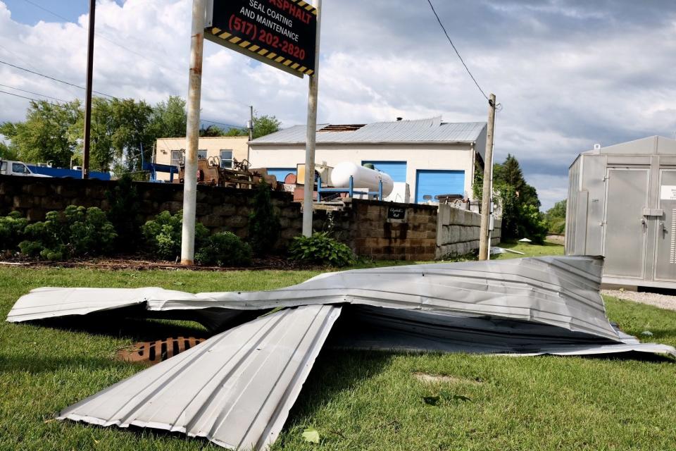 An EF-1 tornado Friday night left damage on Main Street in Perry, seen Saturday, Aug. 12, 2023, and about 670 Consumers Energy customers without power.