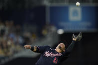 Washington Nationals third baseman Ildemaro Vargas makes the catch for an out against San Diego Padres' Wil Myers during the fifth inning of a baseball game Thursday, Aug. 18, 2022, in San Diego. (AP Photo/Gregory Bull)