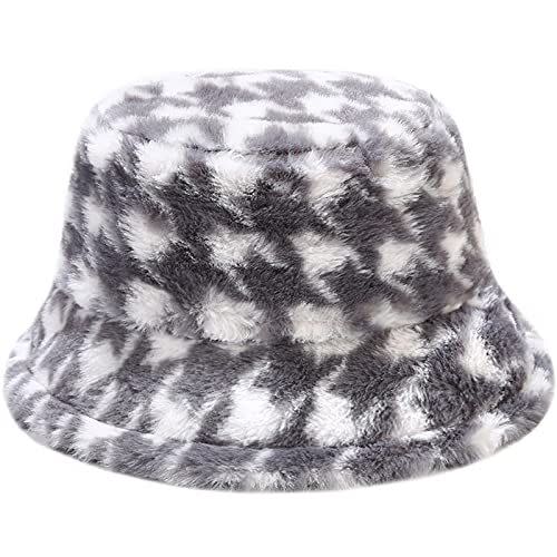 40)  Houndstooth Fluffy Bucket Hat