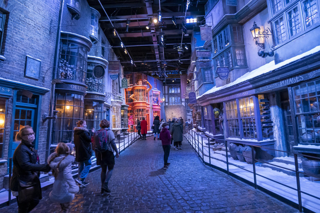 The set of Diagon Alley, the cobblestone wizarding alley at Warner Bros studio tour, The Making of Harry Potter on the 27th of November 2021 in Watford, London, United Kingdom. The Making of Harry Potter is a Warner Bros Studio tour where members of the public can walk around an exhibition and tour through some of the sets, see some of the authentic costumes touch some of the props used in the original Harry Potter Films made by Warner Bros. The Studio Tour in London takes people through the world of JK Rowlings Harry Potter films. (photo by Andrew Aitchison / In pictures via Getty Images)