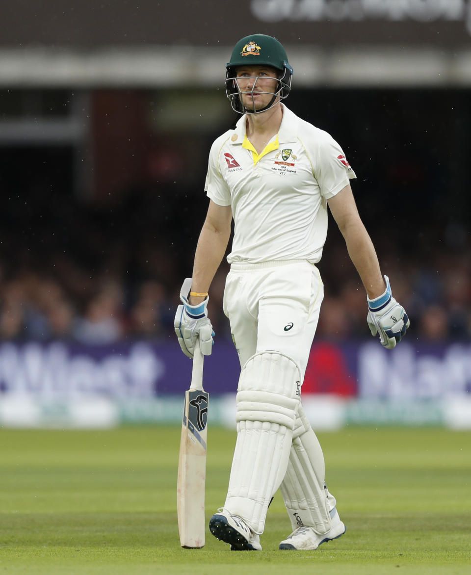 Australia's Cameron Bancroft walks from the pitch after being given out lbw off the bowling of England's Jofra Archer on day three of the 2nd Ashes Test cricket match between England and Australia at Lord's cricket ground in London, Friday, Aug. 16, 2019. (AP Photo/Alastair Grant)