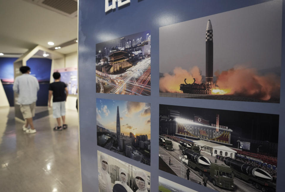 Photos showing North Korea's missiles, right, are displayed at the Unification Observation Post in Paju, South Korea, near the border with North Korea, Thursday, July 20, 2023. North Korea fired two short-range ballistic missiles into the sea Wednesday in what appeared to be a statement of defiance as the United States deployed a nuclear-armed submarine to South Korea for the first time in decades. (AP Photo/Ahn Young-joon)