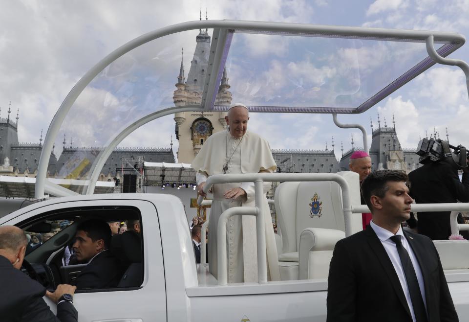 Pope Francis arrives for a meeting with young people and families, in front of the Palace of Culture in Iasi, Romania, Saturday, June 1, 2019. Francis began a three-day pilgrimage to Romania on Friday that in many ways is completing the 1999 trip by St. John Paul II that marked the first-ever papal visit to a majority Orthodox country. (AP Photo/Andrew Medichini)