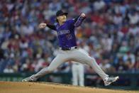 Colorado Rockies' Ryan Feltner pitches during the second inning of a baseball game against the Philadelphia Phillies, Wednesday, April 17, 2024, in Philadelphia. (AP Photo/Matt Rourke)