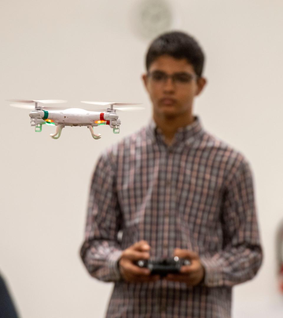 Joshua Compton practices his drone piloting skills Sept. 24 at Charity Chapel as part of a new Emmaus Kidz program.
