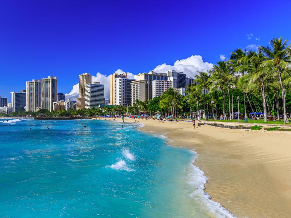 Waikiki beach and Honolulu's skyline.