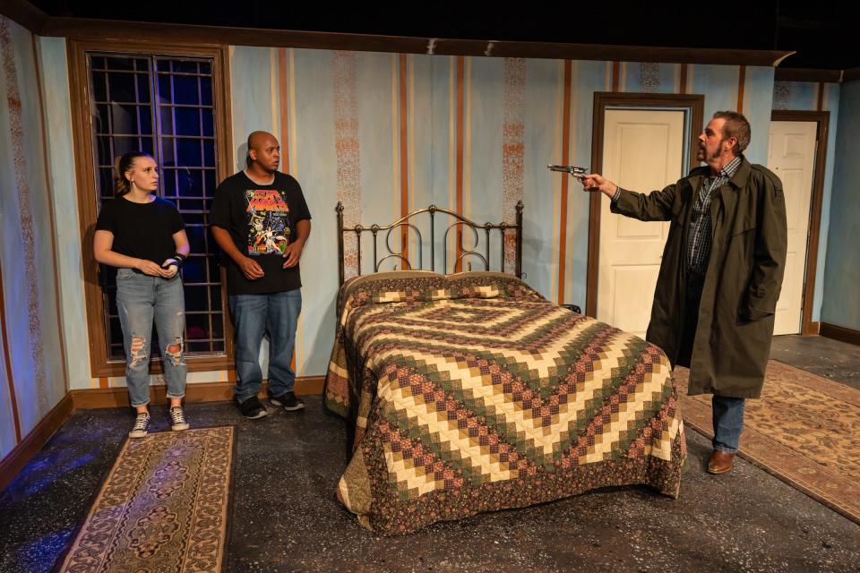 New Herring's production of "A Behanding in Spokane" features, left to right, Audrey Marie Brownfield as Marilyn, Kevin Tate as Toby, and Todd Covert as Carmichael. The play runs through Aug. 27 at MadLab.