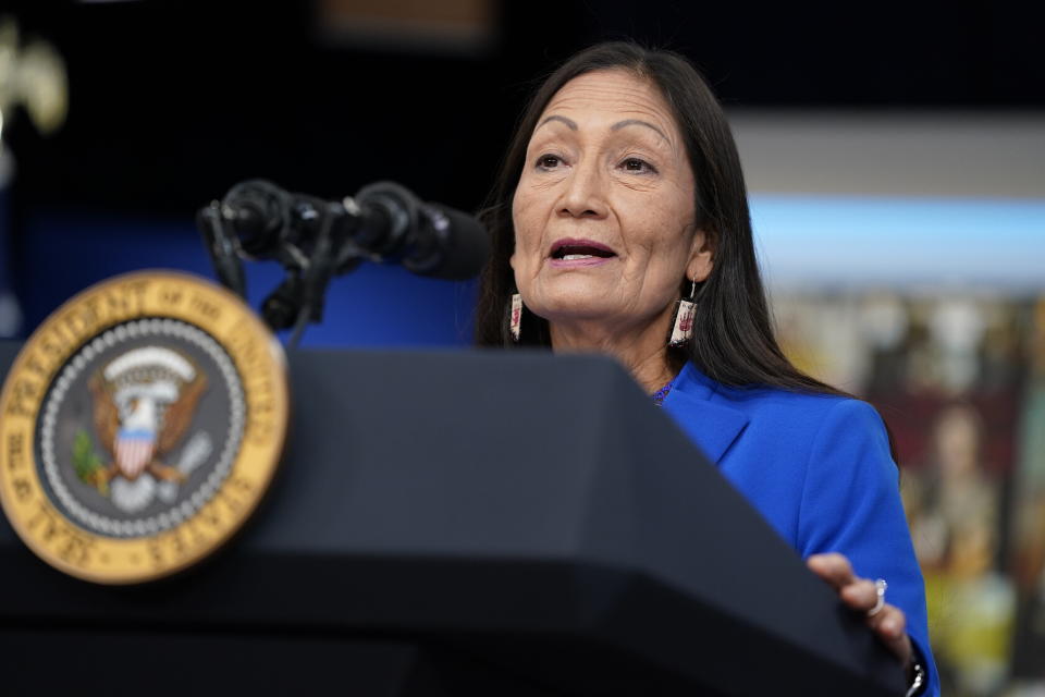 FILE - Interior Secretary Deb Haaland speaks during a Tribal Nations Summit during Native American Heritage Month, in the South Court Auditorium on the White House campus, on Nov. 15, 2021, in Washington. The Biden administration says it is canceling three oil and gas lease sales scheduled in the Gulf of Mexico and off the coast of Alaska. That will remove millions of acres from possible drilling as U.S. gas prices reach record highs. (AP Photo/Evan Vucci, File)