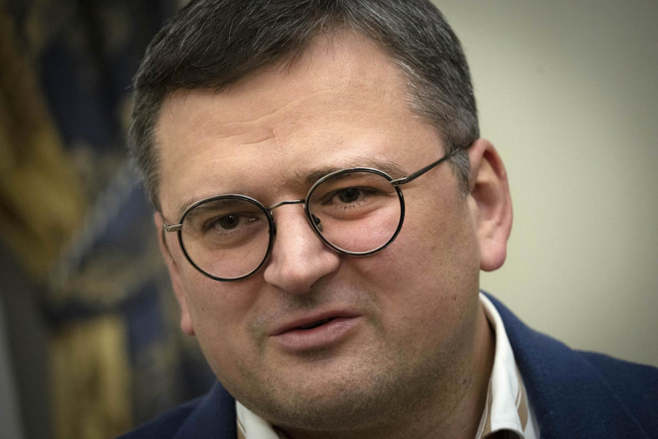 Ukraine's Foreign Minister Dmytro Kuleba talks during an interview with The Associated Press in Kyiv, Ukraine, Monday, Dec. 26, 2022. (AP Photo/Efrem Lukatsky)