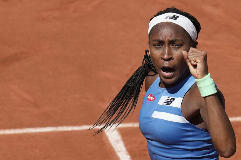 Coco Gauff of the U.S. reacts during her third round match of the French Open tennis tournament against Russia's Mirra Andreeva at the Roland Garros stadium in Paris, Saturday, June 3, 2023. (AP Photo/Christophe Ena)