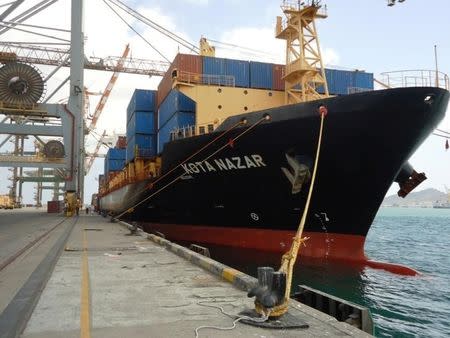 The Kota Nazar is moored at Aden Container Terminal, Yemen, in this Handout photo shot February 10, 2016. YEMEN-SAUDI/BLOCKADE Aden Container Terminal/Handout via Reuters