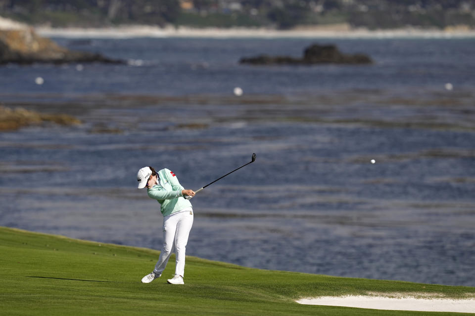 Leona Maguire, of Ireland, hits from the 18th fairway during the third round of the U.S. Women's Open golf tournament at the Pebble Beach Golf Links, Saturday, July 8, 2023, in Pebble Beach, Calif. (AP Photo/Darron Cummings)
