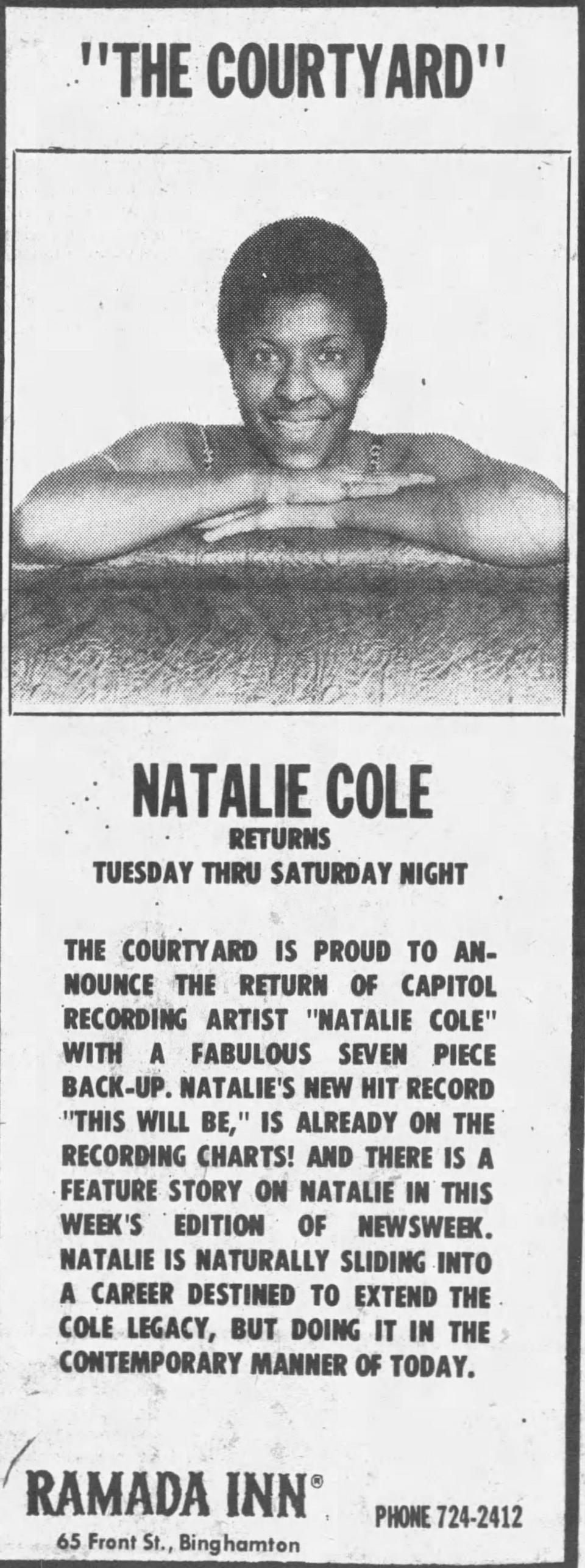The ad for the return of Natalie Cole to Binghamton in February 1976.