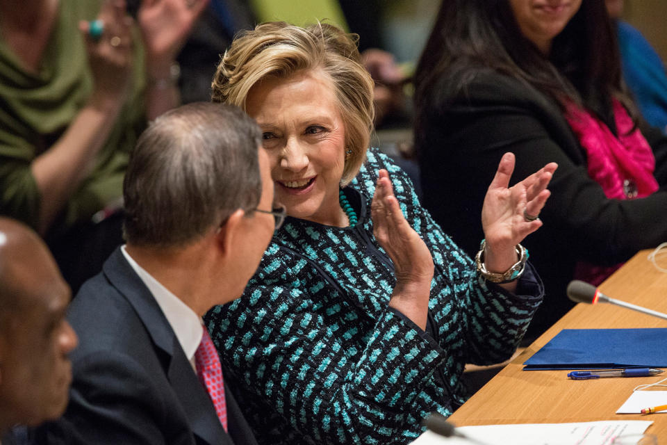 NEW YORK, NY - MARCH 07:  United Nations Secretary General Ban Ki-moon (L) and Former United States Secretary of State Hillary Clinton attend the event 'Equality for Women is Progress for All' at the United Nations on March 7, 2014 in New York City. (Photo by Andrew Burton/Getty Images)