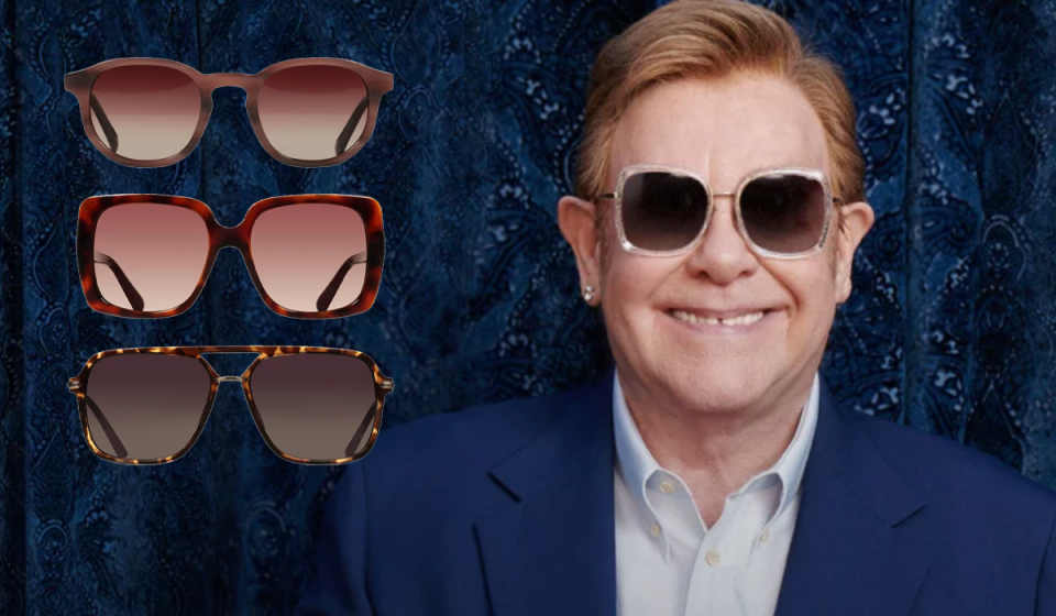 three pairs of sunglasses / elton john wearing sunglasses