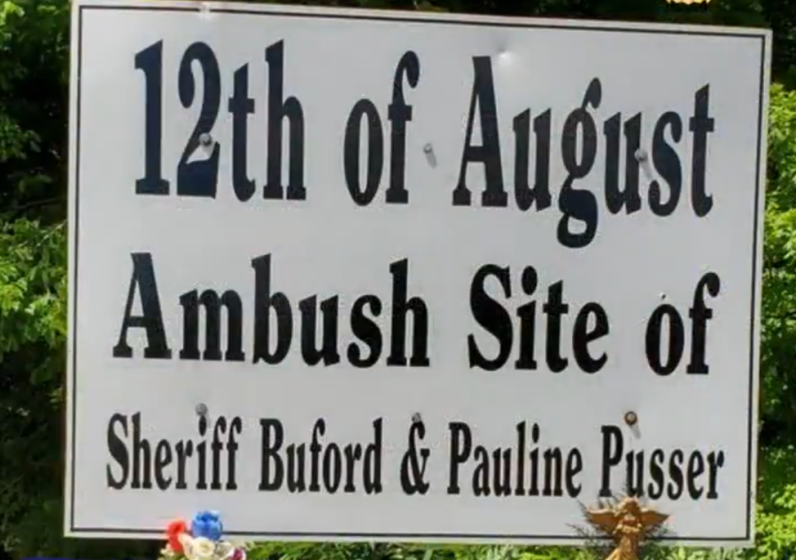 A sign marks one of the spots where Sheriff Buford and Pauline Pusser were ambushed on Aug. 12, 1967. (Courtesy: TBI)