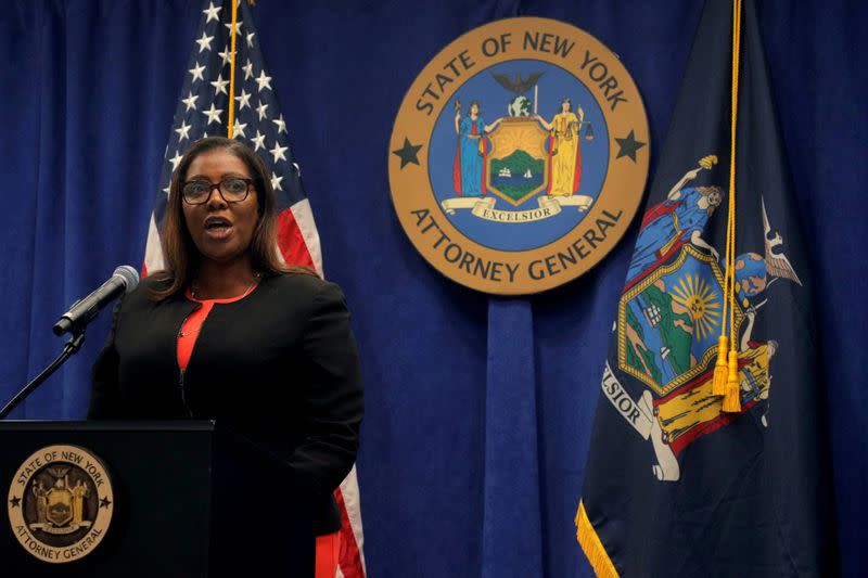 FILE PHOTO: FILE PHOTO: New York State Attorney General, Letitia James, speaks during a news conference, to announce a suit to dissolve the National Rifle Association, In New York